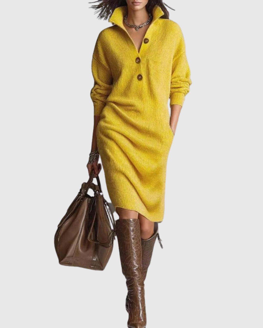 Arianell | Women's Pure Wool Ribbed Knit Midi Dress