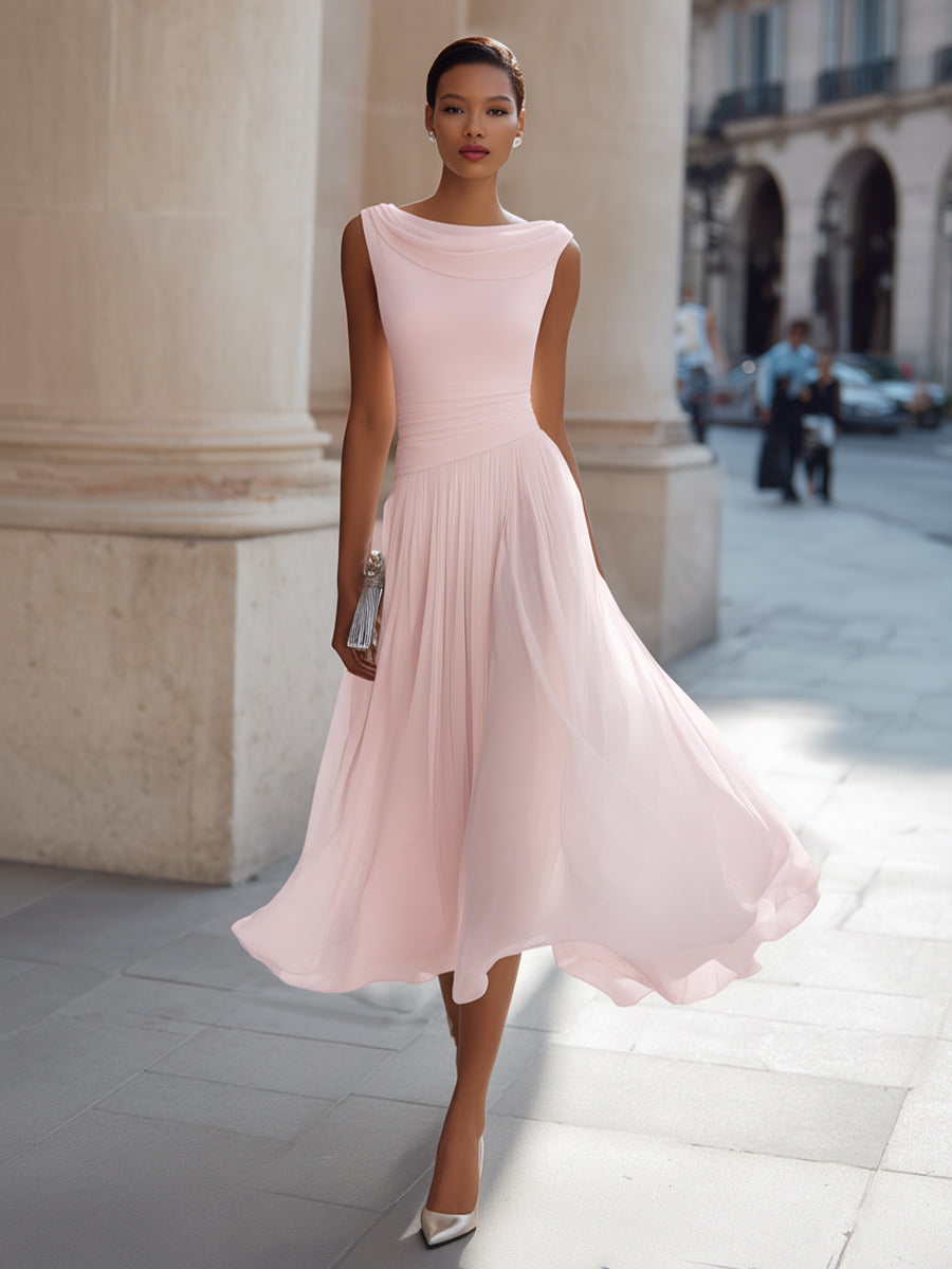 Donna | Flowy Neck Chiffon Formal Midi Dress
