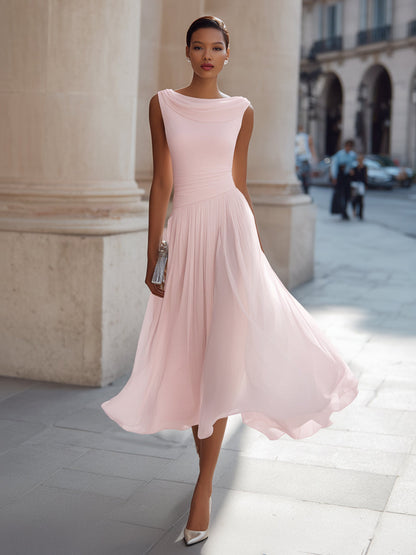 Donna | Flowy Neck Chiffon Formal Midi Dress