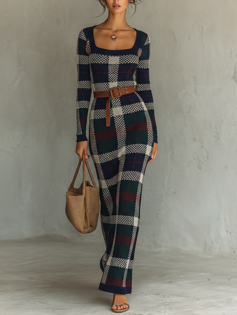 Hazel | Women's Checked Knit Maxi Dress with Belt