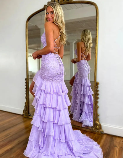 Faye | Lace Appliqué Ruffle Fitted Mermaid Prom Dress