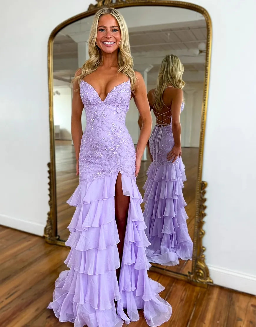 Faye | Lace Appliqué Ruffle Fitted Mermaid Prom Dress