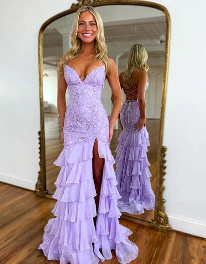 Faye | Lace Appliqué Ruffle Fitted Mermaid Prom Dress