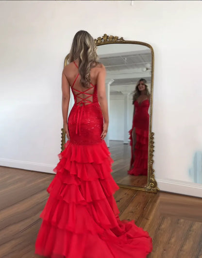 Faye | Lace Appliqué Ruffle Fitted Mermaid Prom Dress