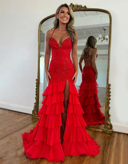 Faye | Lace Appliqué Ruffle Fitted Mermaid Prom Dress