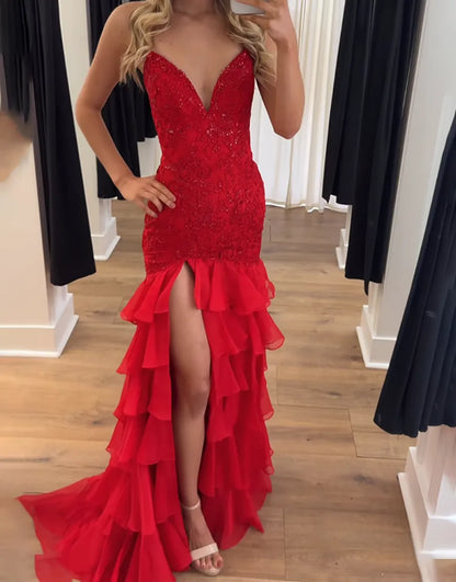 Faye | Lace Appliqué Ruffle Fitted Mermaid Prom Dress