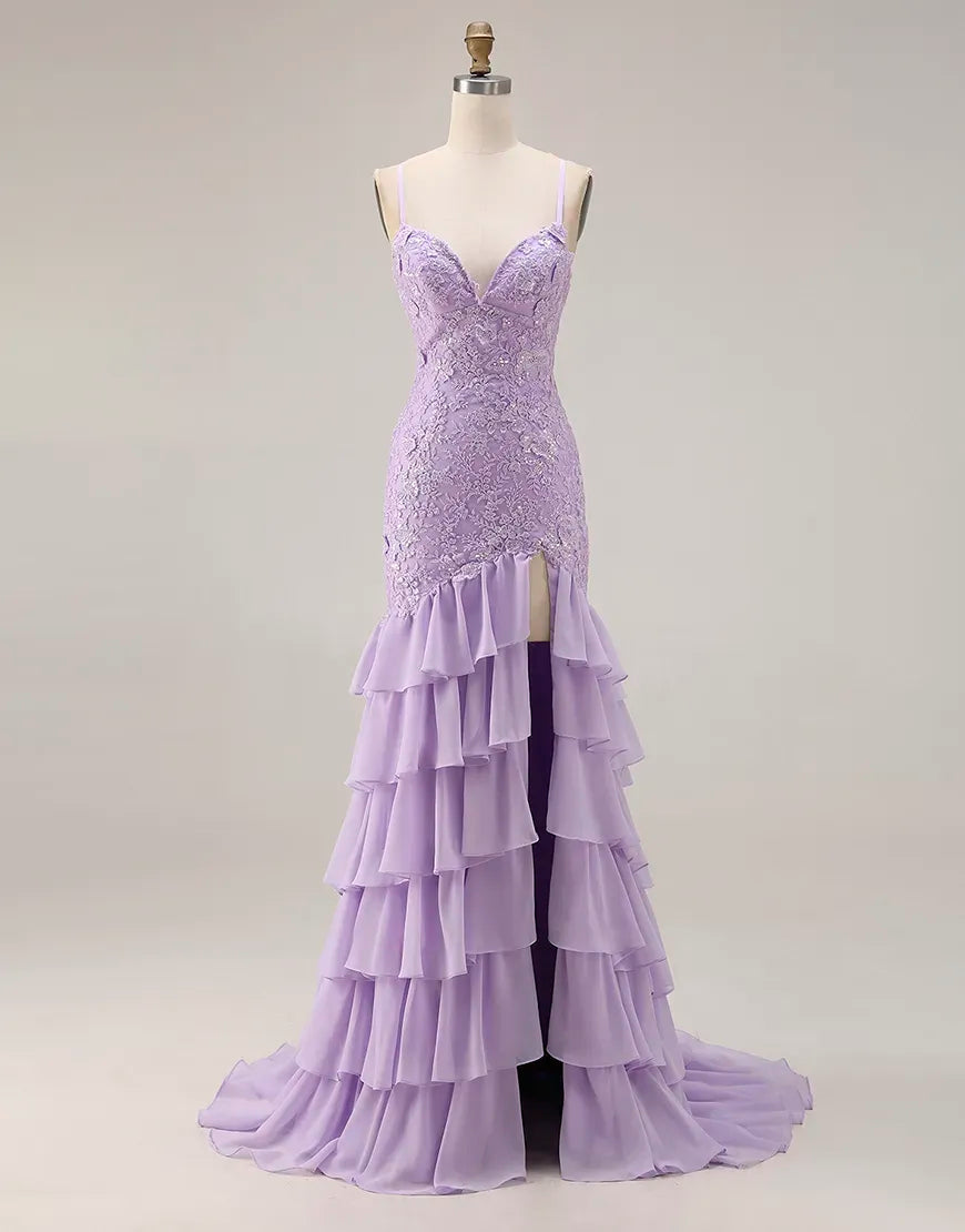 Faye | Lace Appliqué Ruffle Fitted Mermaid Prom Dress