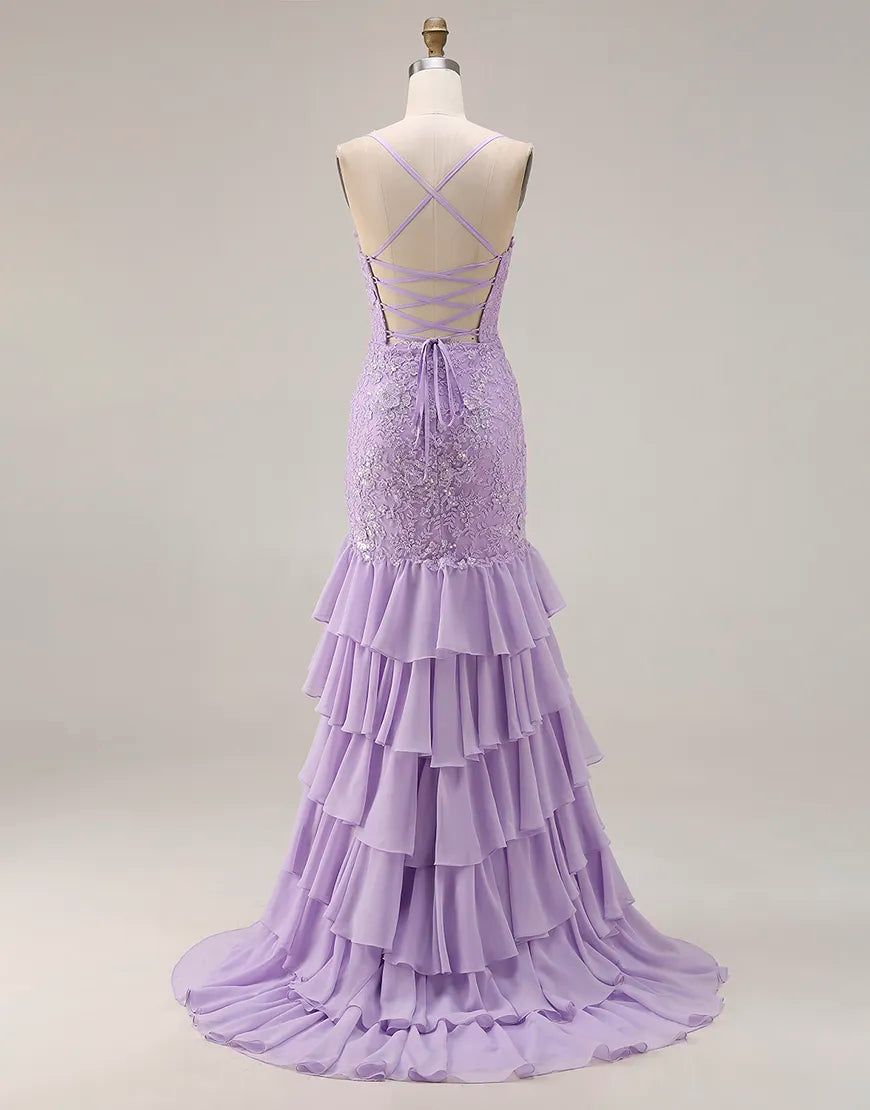Faye | Lace Appliqué Ruffle Fitted Mermaid Prom Dress