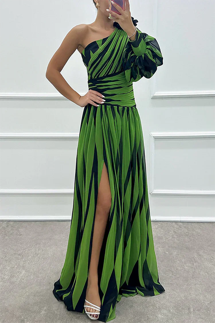 Sage | Stripe-Print One Shoulder Slit Formal Maxi Dress