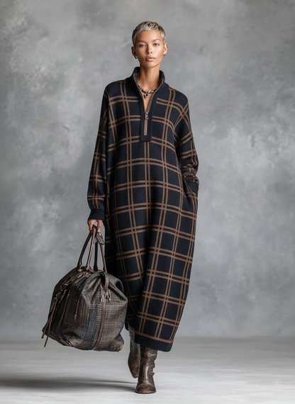 Rory | Women's Checked Knit Maxi Dress with Zip Neck