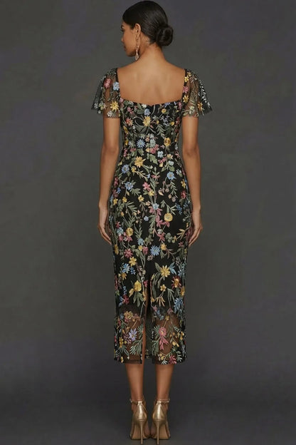 Sally | Botanical Print Embroidered Summer Wedding Guest Midi Dress