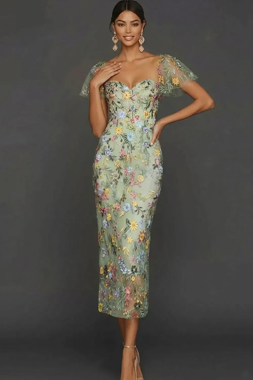 Sally | Botanical Print Embroidered Summer Wedding Guest Midi Dress