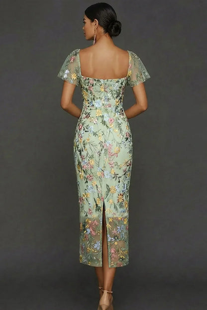 Sally | Botanical Print Embroidered Summer Wedding Guest Midi Dress