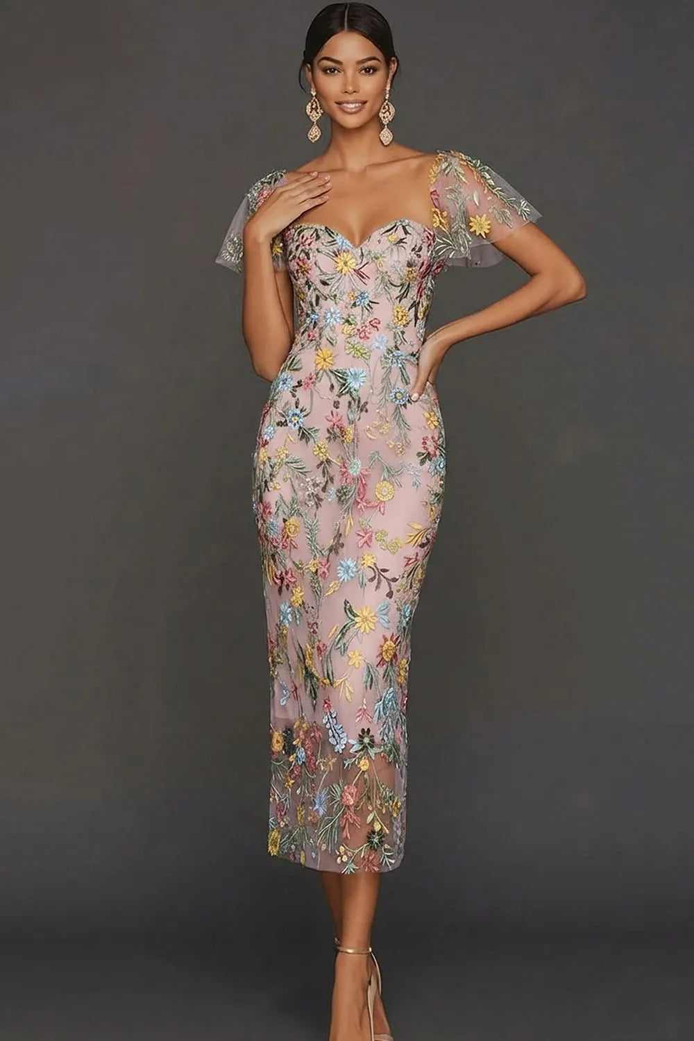 Sally | Botanical Print Embroidered Summer Wedding Guest Midi Dress