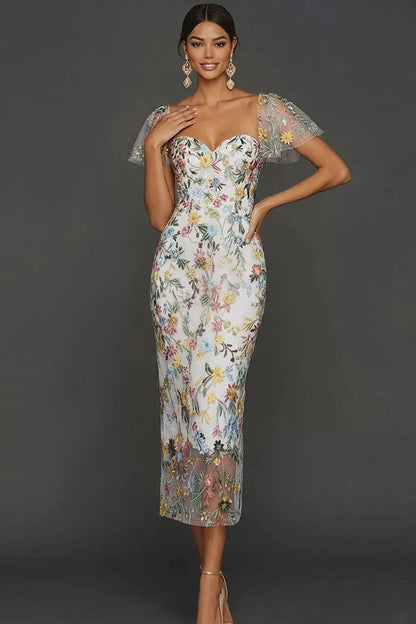 Sally | Botanical Print Embroidered Summer Wedding Guest Midi Dress