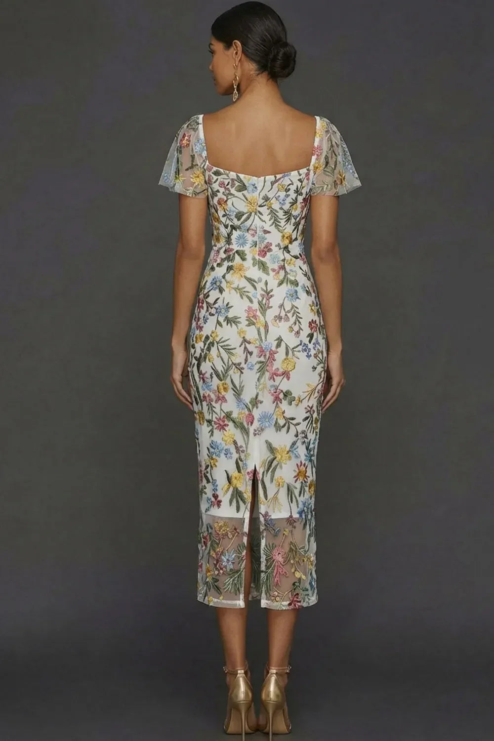 Sally | Botanical Print Embroidered Summer Wedding Guest Midi Dress