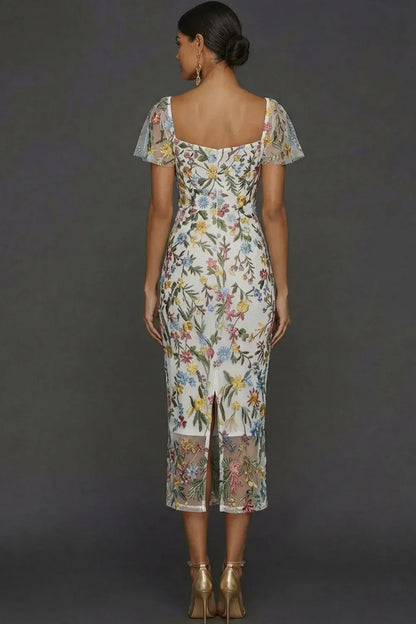 Sally | Botanical Print Embroidered Summer Wedding Guest Midi Dress