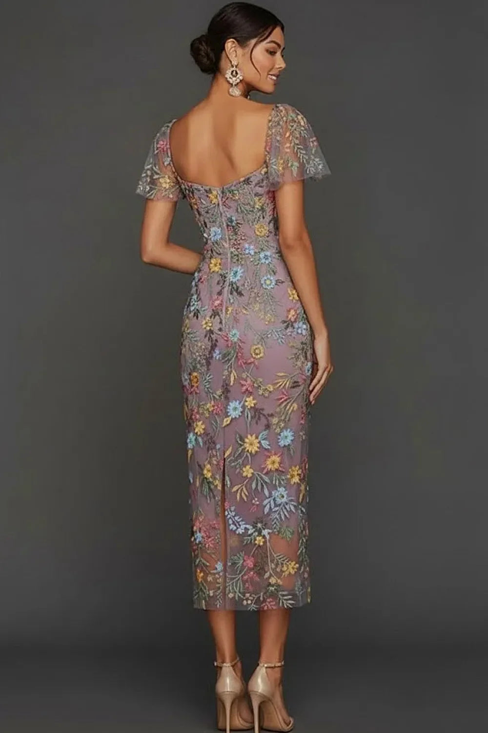 Sally | Botanical Print Embroidered Summer Wedding Guest Midi Dress