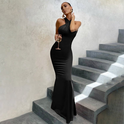 Lindsay | Cross Halter Mermaid Figure-Hugging Maxi Dress