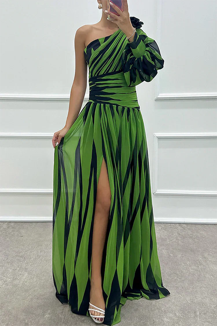 Sage | Stripe-Print One Shoulder Slit Formal Maxi Dress