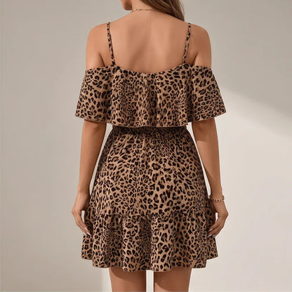 Marlowe | Leopard Print Cold-Shoulder Ruffle Mini Dress