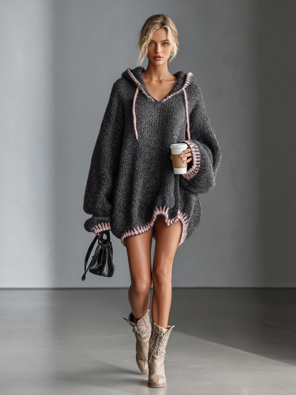 Rosie | Women's Hooded Knit Dress with Pink Trim