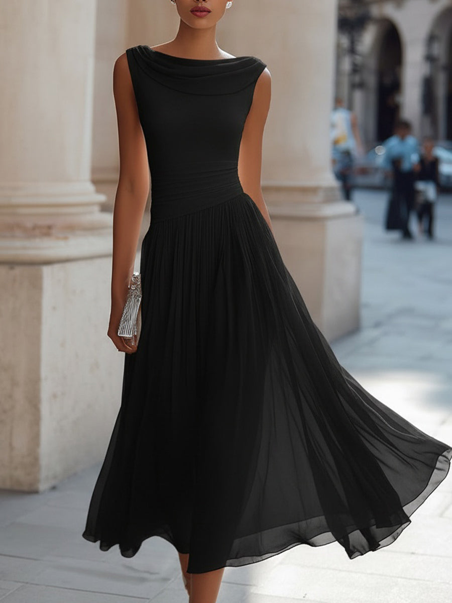 Donna | Flowy Neck Chiffon Formal Midi Dress