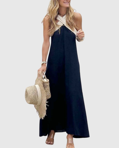 Summer | Linen Crossover Halter Neck Maxi Sundress