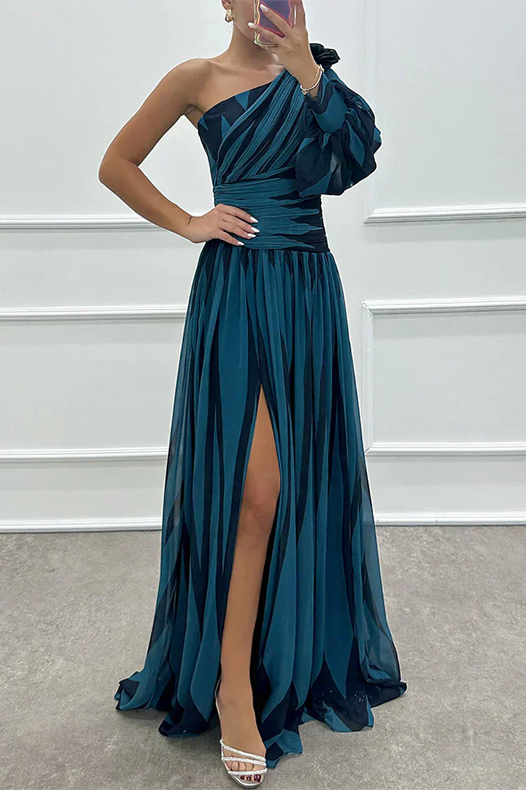Sage | Stripe-Print One Shoulder Slit Formal Maxi Dress