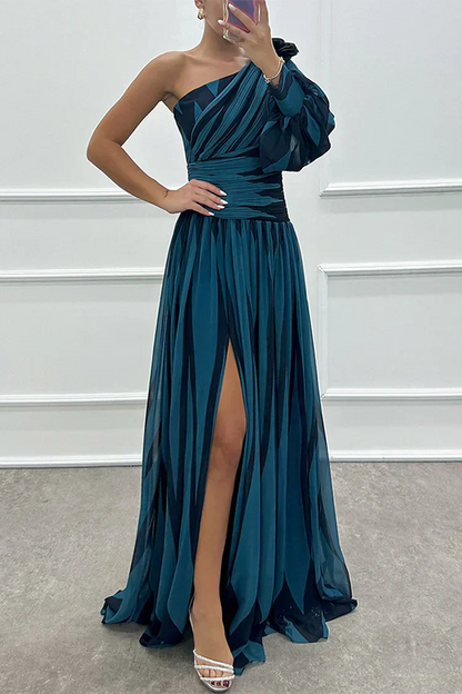 Sage | Stripe-Print One Shoulder Slit Formal Maxi Dress