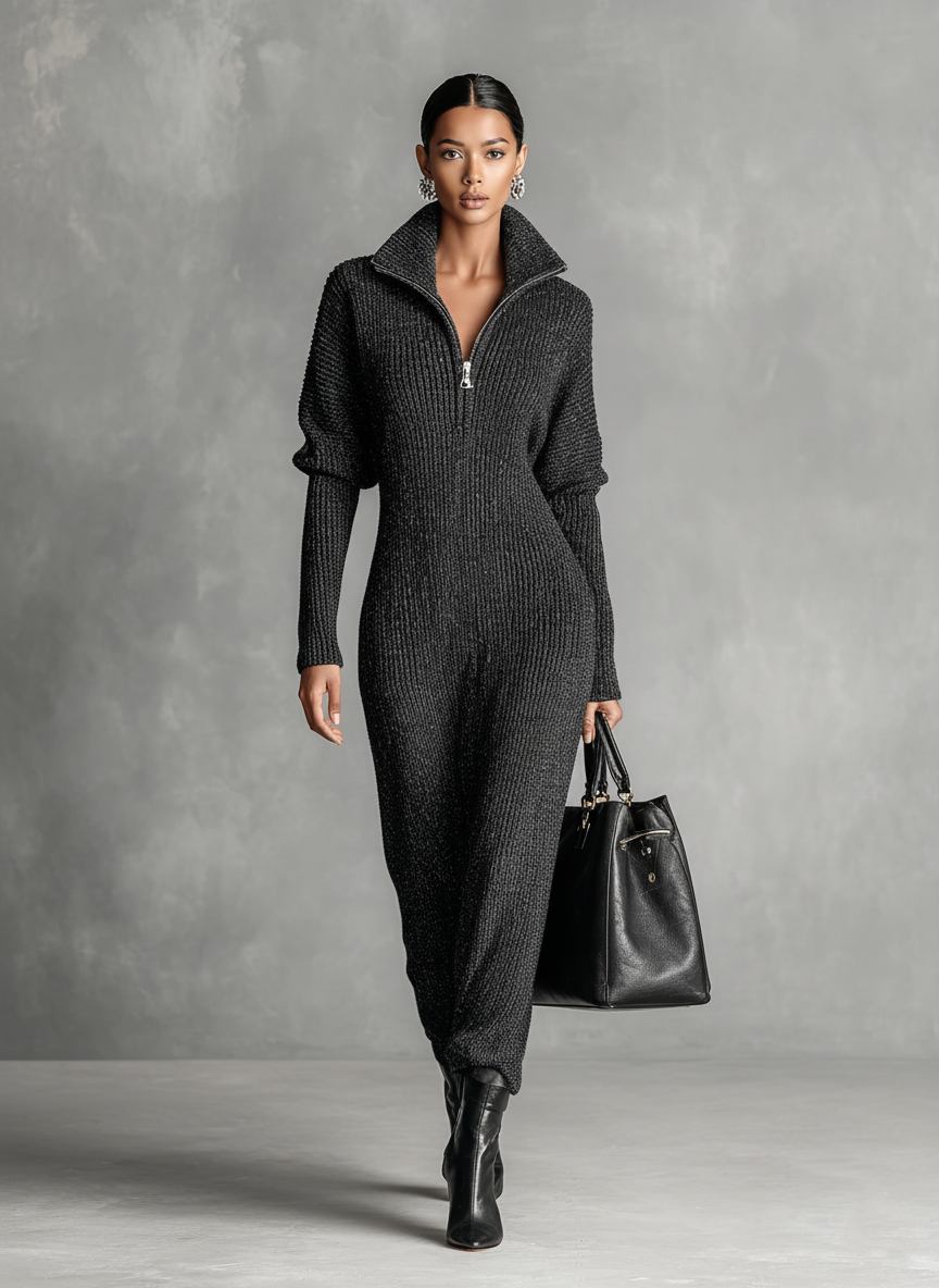 Willa | Women's Knit Maxi Dress with Zip Neck
