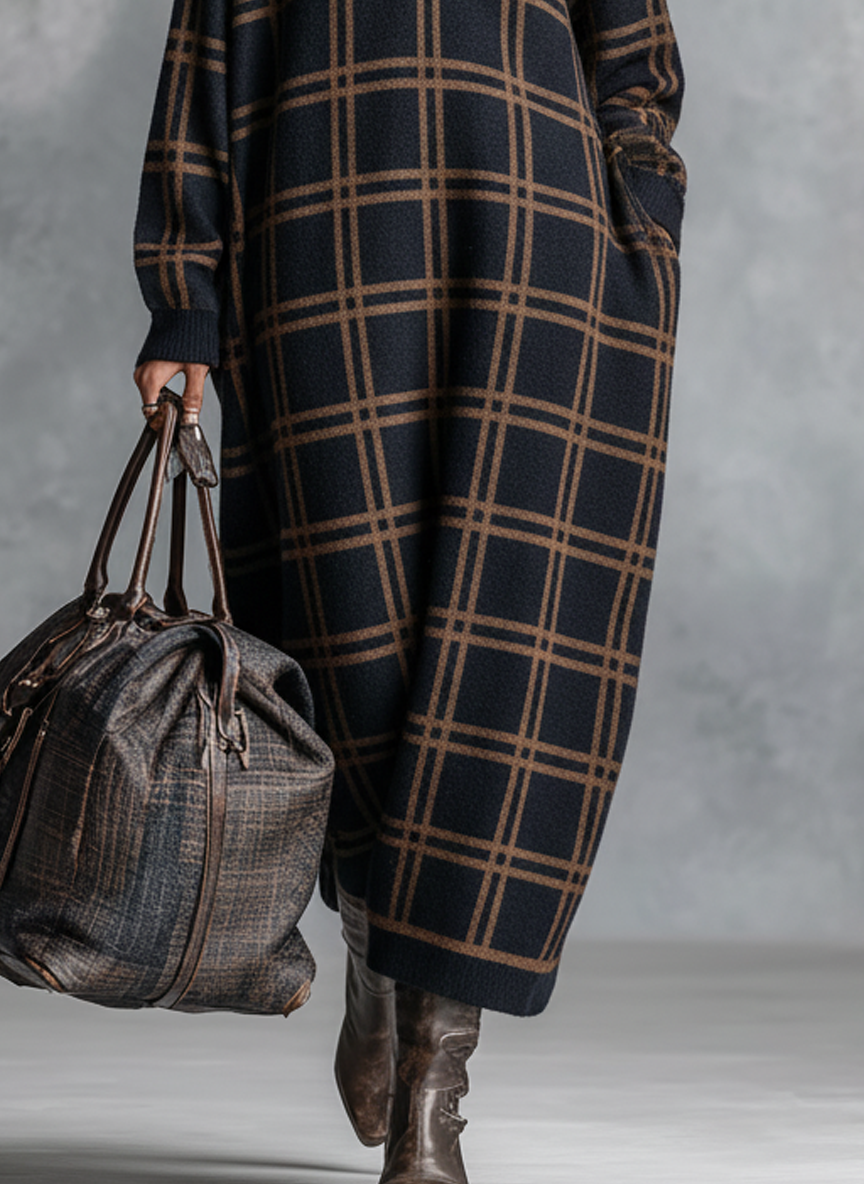 Rory | Women's Checked Knit Maxi Dress with Zip Neck