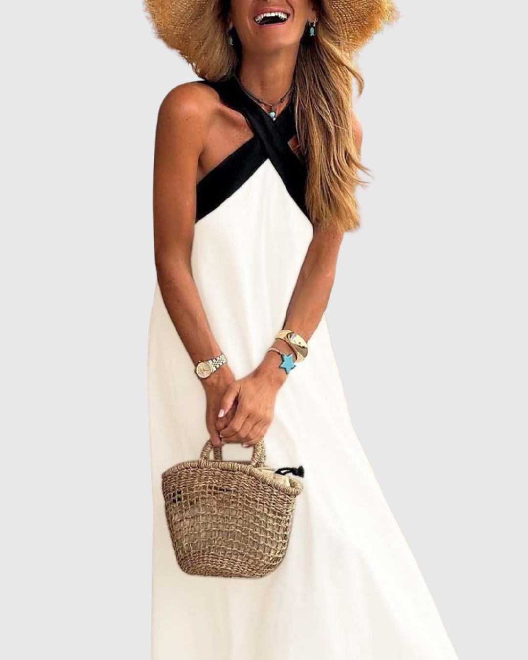Summer | Linen Crossover Halter Neck Maxi Sundress