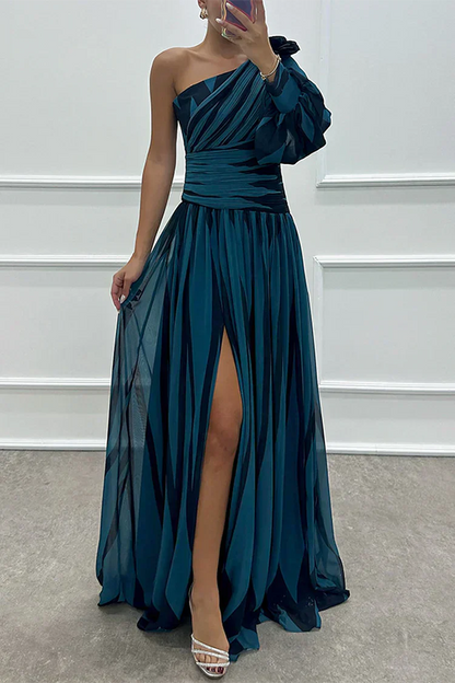Sage | Stripe-Print One Shoulder Slit Formal Maxi Dress