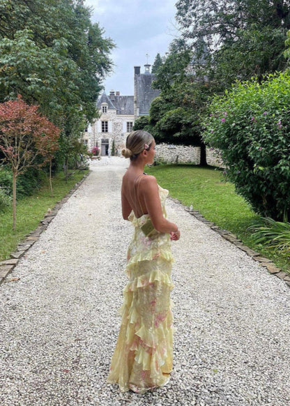 Saige | Botanical Print Ruffle Open Back Summer Maxi Dress