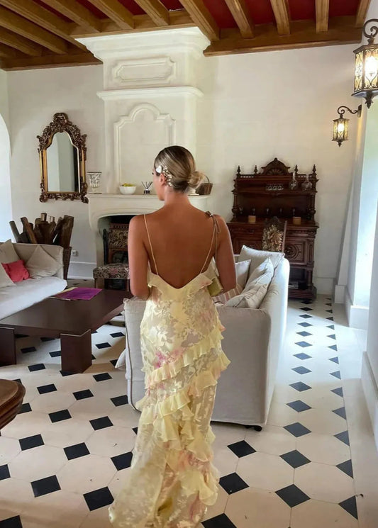 Saige | Botanical Print Ruffle Open Back Summer Maxi Dress