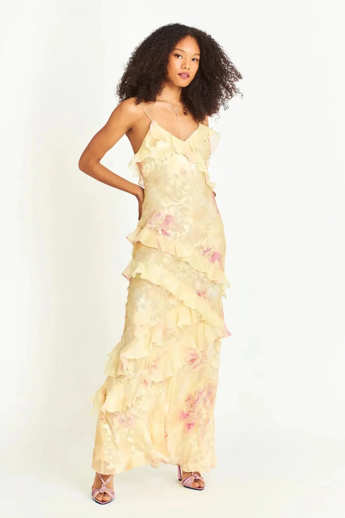 Saige | Botanical Print Ruffle Open Back Summer Maxi Dress