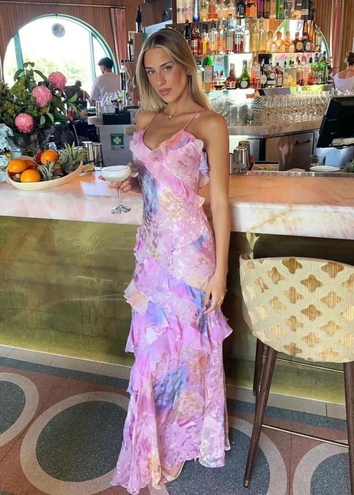Saige | Botanical Print Ruffle Open Back Summer Maxi Dress