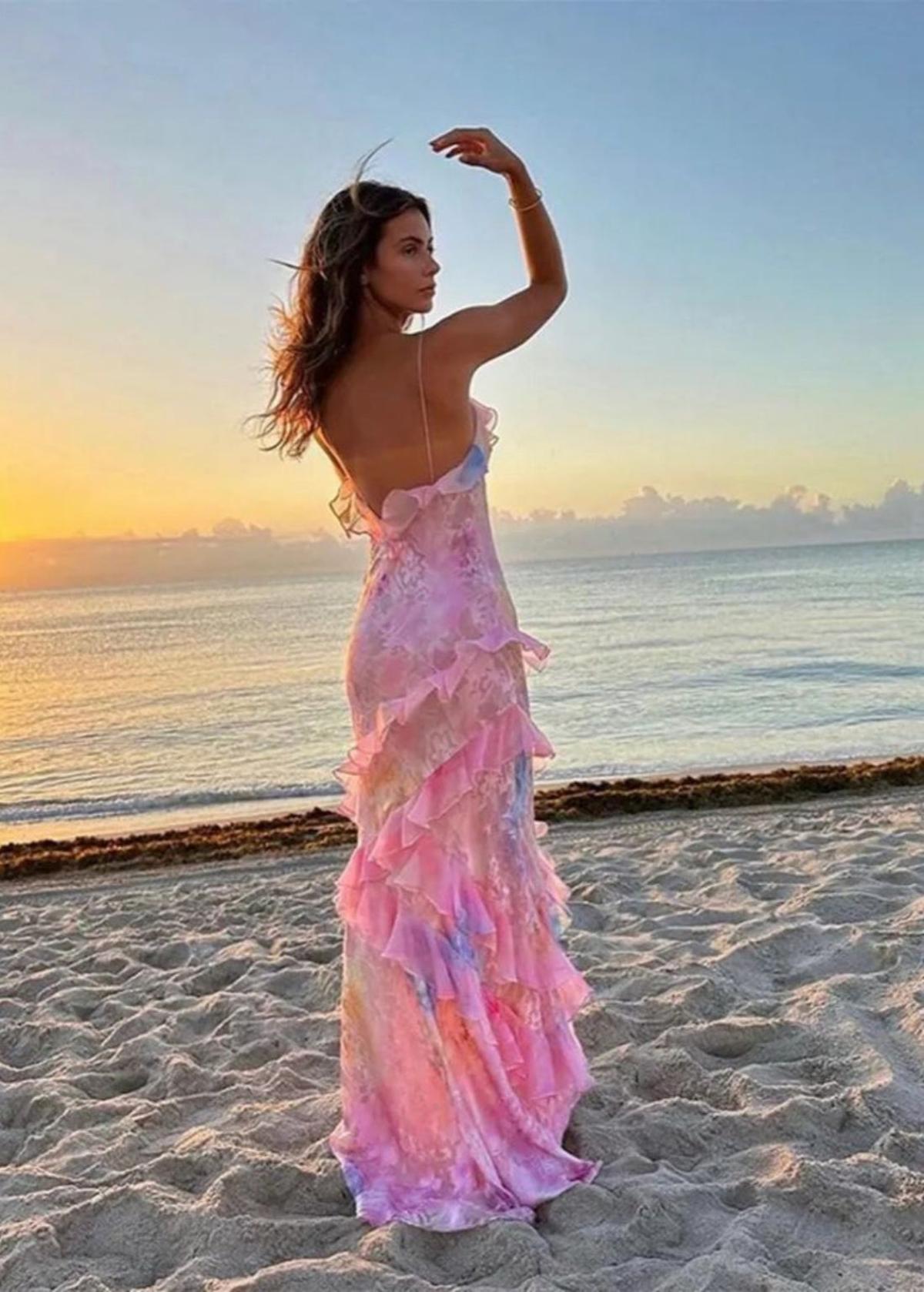 Saige | Botanical Print Ruffle Open Back Summer Maxi Dress