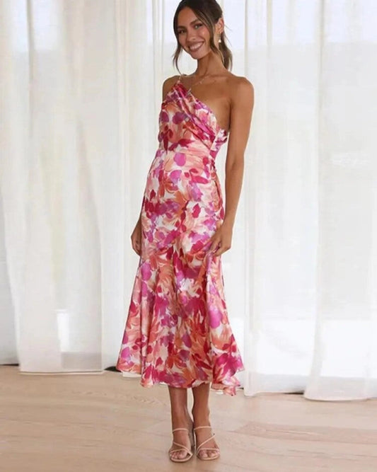 Stephanie | One Shoulder Botanical Print Summer Wedding Guest Midi Dress
