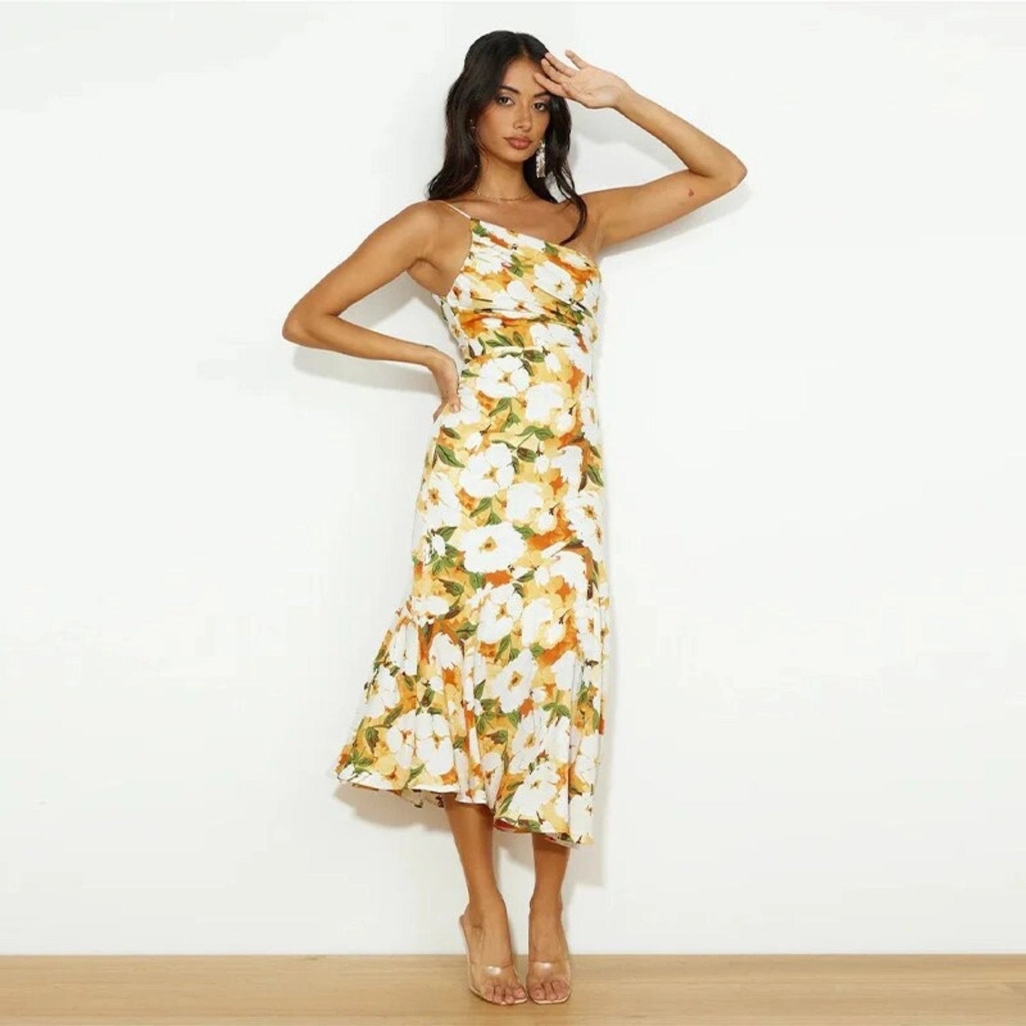 Stephanie | One Shoulder Botanical Print Summer Wedding Guest Midi Dress