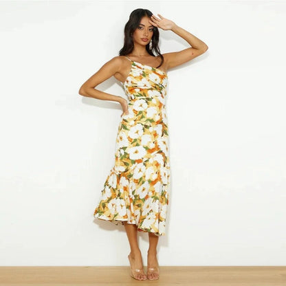 Stephanie | One Shoulder Botanical Print Summer Wedding Guest Midi Dress