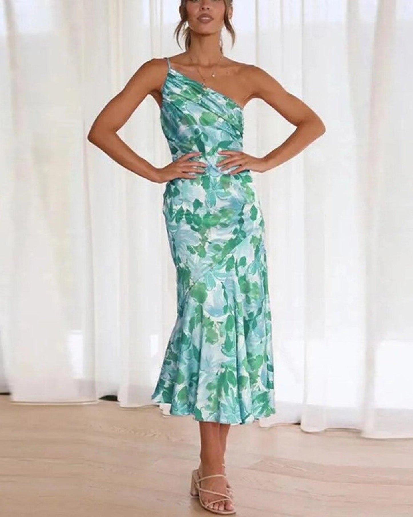 Stephanie | One Shoulder Botanical Print Summer Wedding Guest Midi Dress