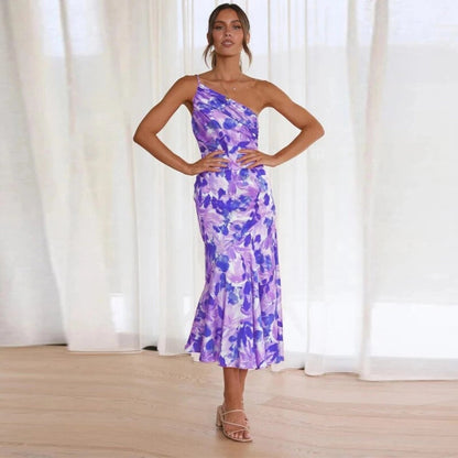 Stephanie | One Shoulder Botanical Print Summer Wedding Guest Midi Dress