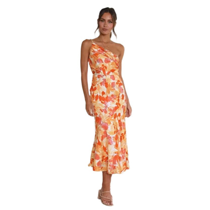 Stephanie | One Shoulder Botanical Print Summer Wedding Guest Midi Dress