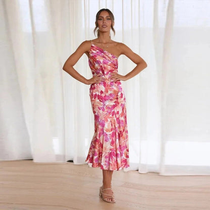 Stephanie | One Shoulder Botanical Print Summer Wedding Guest Midi Dress