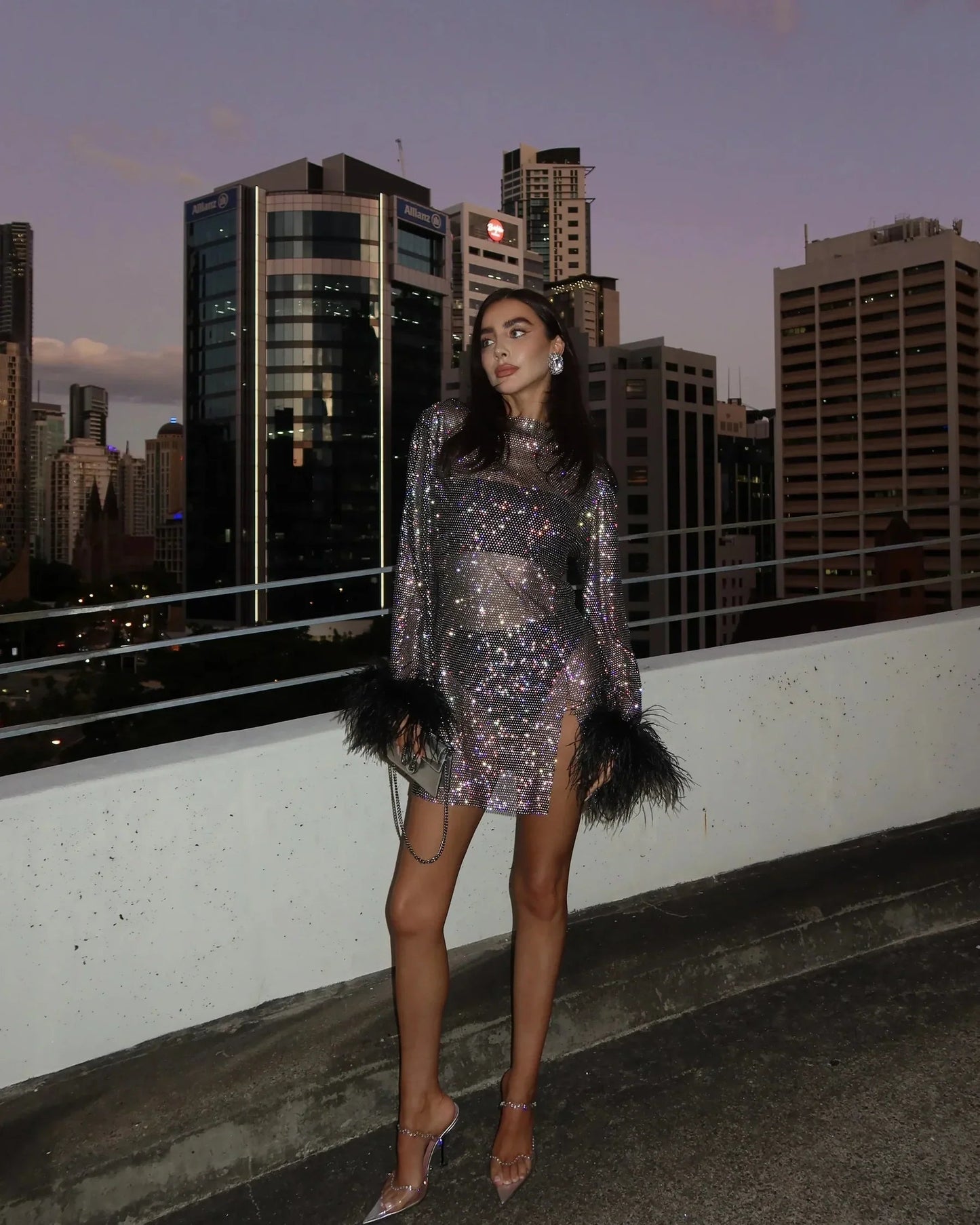 Maeve | Sequined Feather Cuff Cocktail Mini Dress