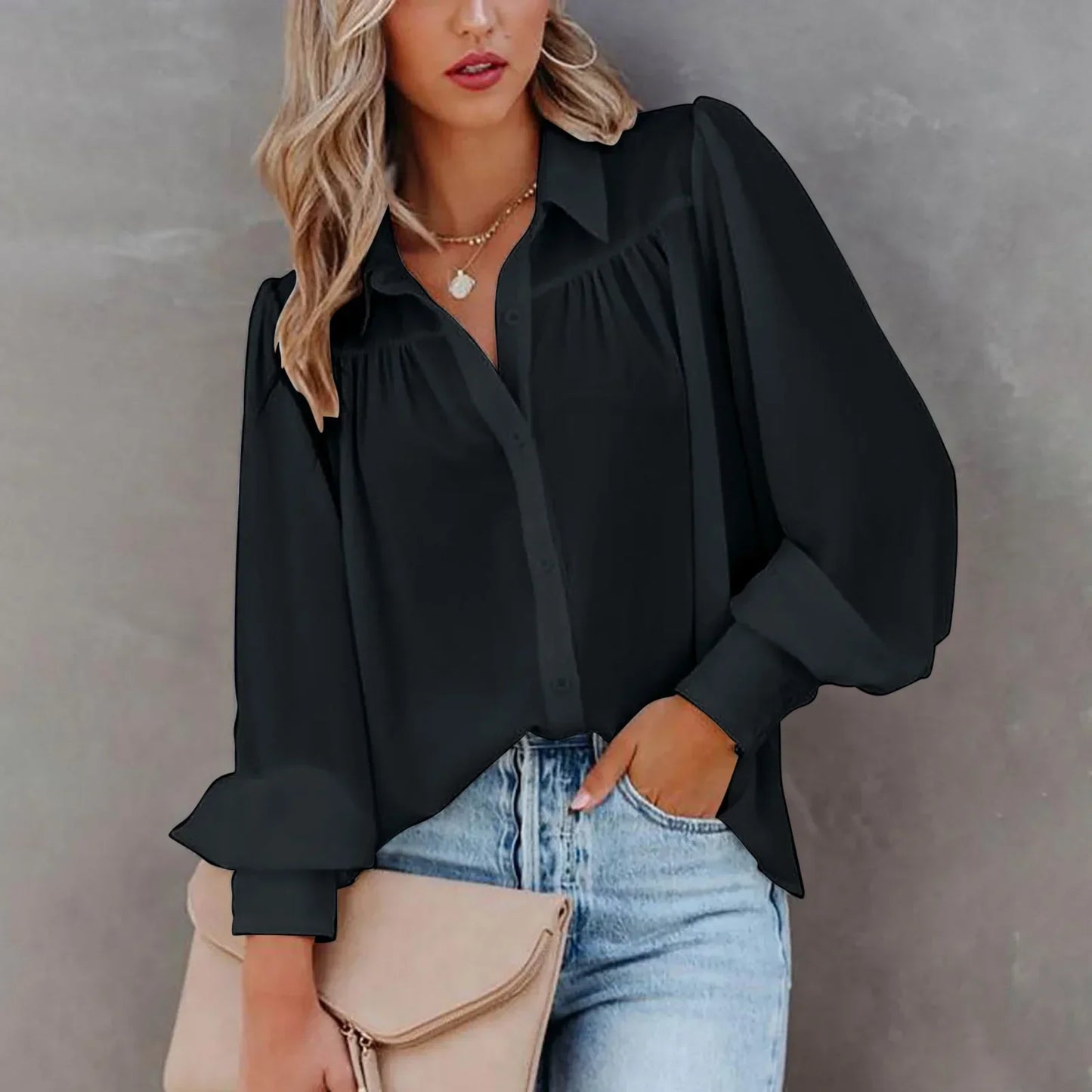 Veronica Chiffon Button-Down Blouse with Long Sleeves