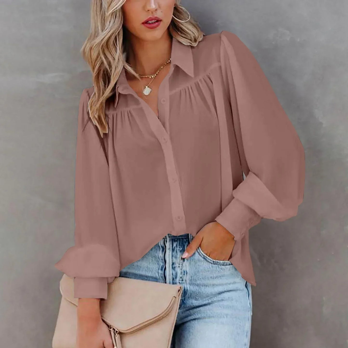 Veronica Chiffon Button-Down Blouse with Long Sleeves