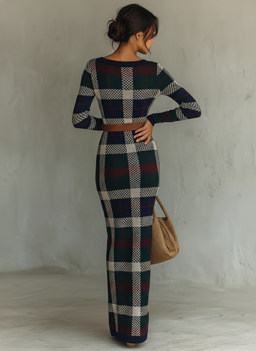 Hazel | Women's Checked Knit Maxi Dress with Belt
